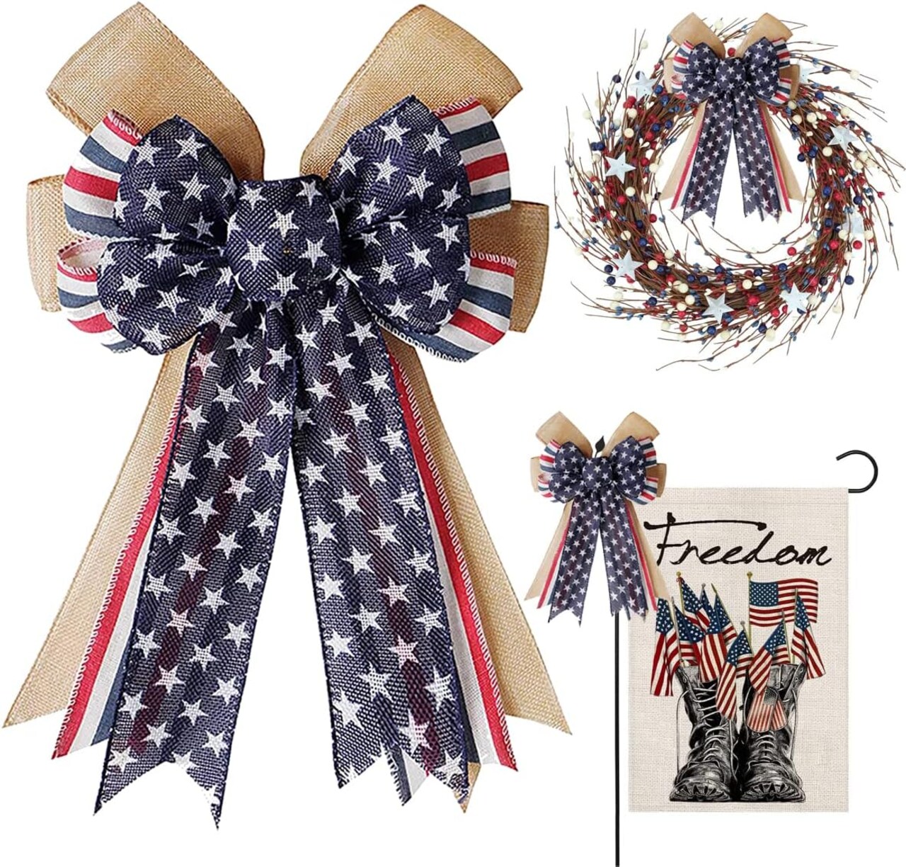 Patriotic Decor Bows for Wreaths,Burlap Red White Blue Stripe Stars (Beige)